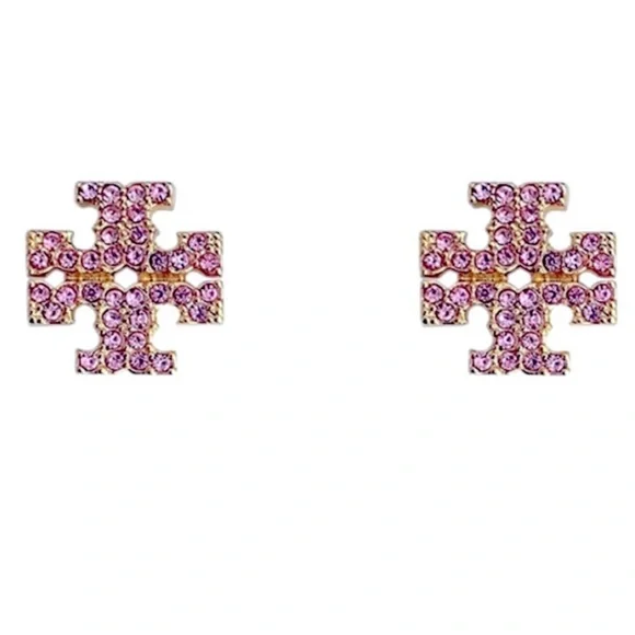 Tory Burch Gold Logo Pink Gemstone Stud Earrings - Picture 7 of 9